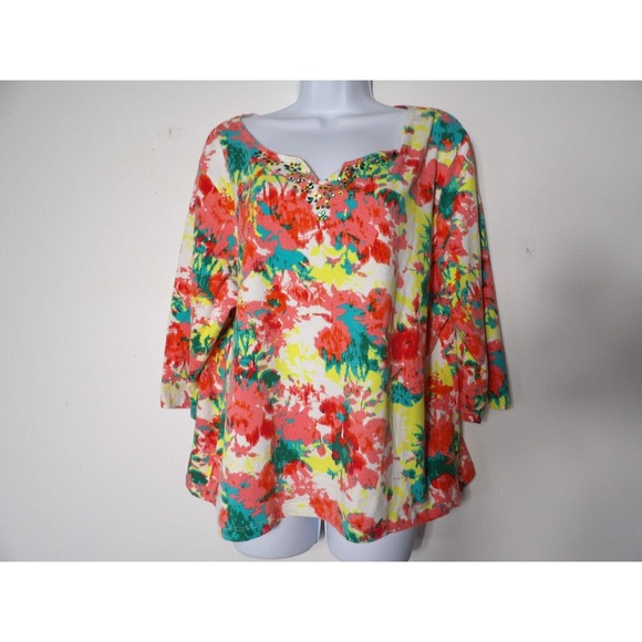 Ruby Rd. Top Shirt Colorful Jewels XXL 2XL Boho V Neck 3/4 Sleeve Boho Artsy - Picture 1 of 10